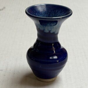 Dark Blue White Glazed Pottery Ceramic Bud Vase 4 Inches Tall Signed Decor Gift